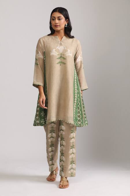 Trendy Tokari_Beige Silk, Chanderi Embroidery Button-down Neck Tulip Print Kurta And Pant Set _Online_at_Aza_Fashions
