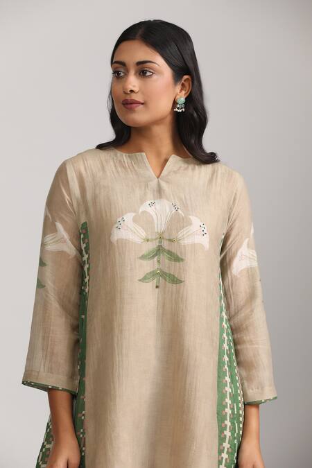 Shop_Trendy Tokari_Beige Silk, Chanderi Embroidery Button-down Neck Tulip Print Kurta And Pant Set _Online_at_Aza_Fashions