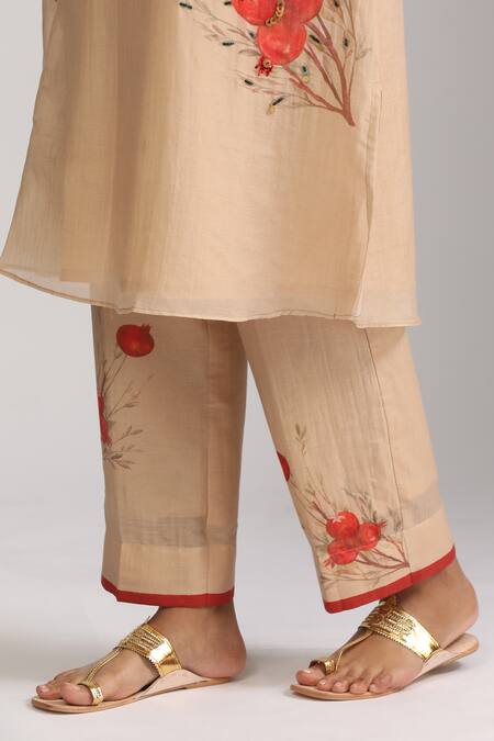 Trendy Tokari_Beige Silk, Chanderi Sequins, Embroidery V-neck Pomegranate Print Kurta Set _Online_at_Aza_Fashions