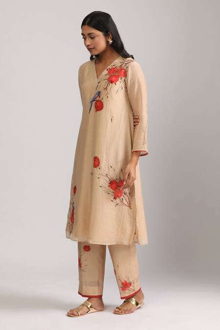 Buy_Trendy Tokari_Beige Silk, Chanderi Sequins, Embroidery V-neck Pomegranate Print Kurta Set _Online_at_Aza_Fashions