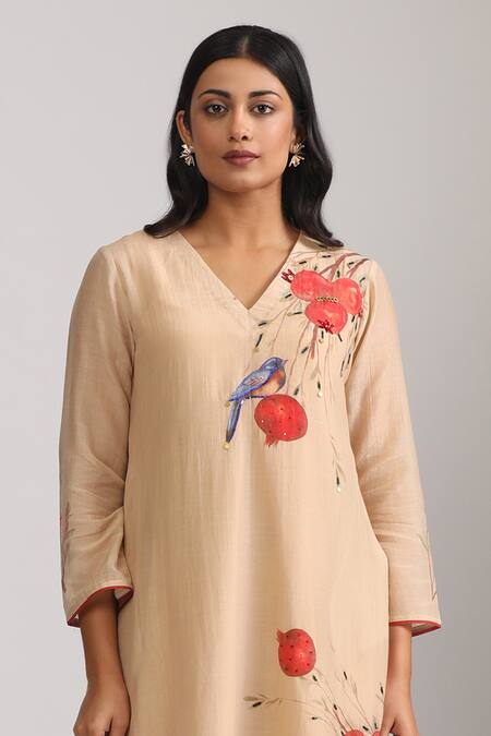 Shop_Trendy Tokari_Beige Silk, Chanderi Sequins, Embroidery V-neck Pomegranate Print Kurta Set _Online_at_Aza_Fashions