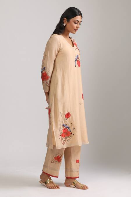 Trendy Tokari_Beige Silk, Chanderi Sequins, Embroidery V-neck Pomegranate Print Kurta Set _at_Aza_Fashions