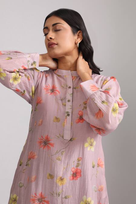 Trendy Tokari_Purple Silk, Chanderi Sequins, Embroidery Bandeau Neck Botanical Print Kurta Set _Online_at_Aza_Fashions