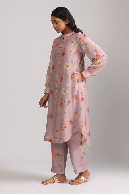 Shop_Trendy Tokari_Purple Silk, Chanderi Sequins, Embroidery Bandeau Neck Botanical Print Kurta Set _Online_at_Aza_Fashions