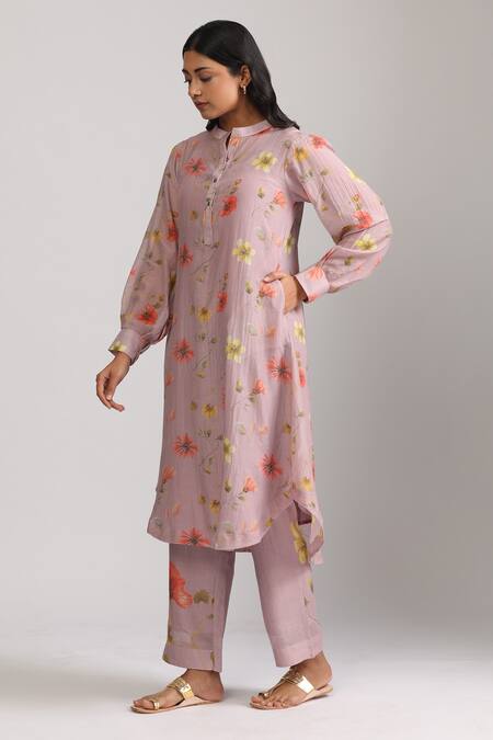 Buy_Trendy Tokari_Purple Silk, Chanderi Sequins, Embroidery Bandeau Neck Botanical Print Kurta Set 