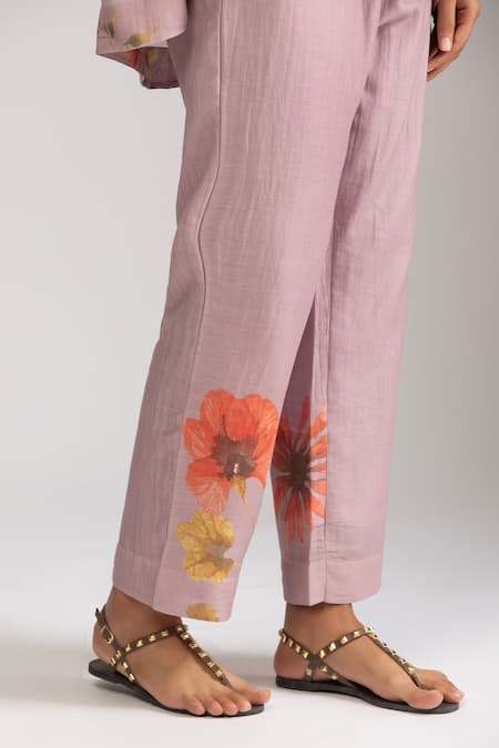 Trendy Tokari_Purple Silk, Chanderi Embroidery, Sequins Botanical Print Top And Pant Set _Online_at_Aza_Fashions
