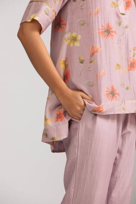 Buy_Trendy Tokari_Purple Silk, Chanderi Embroidery, Sequins Botanical Print Top And Pant Set _Online_at_Aza_Fashions