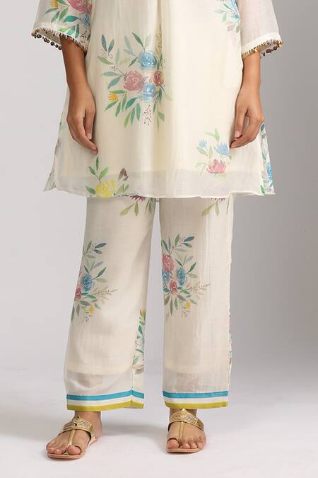 Shop Trendy Tokari Ivory Silk, Chanderi Sequins V-neck Floral Printed Kurta Set Online at Aza Fashions Shop_Trendy Tokari_Ivory Silk, Chanderi Sequins V-neck Floral Printed Kurta Set _Online_at_Aza_Fashions