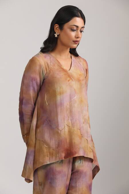Shop_Trendy Tokari_Purple Silk, Chanderi Sequins, Embroidery V-neck Tie Dye Kurta Set With Pant _Online_at_Aza_Fashions