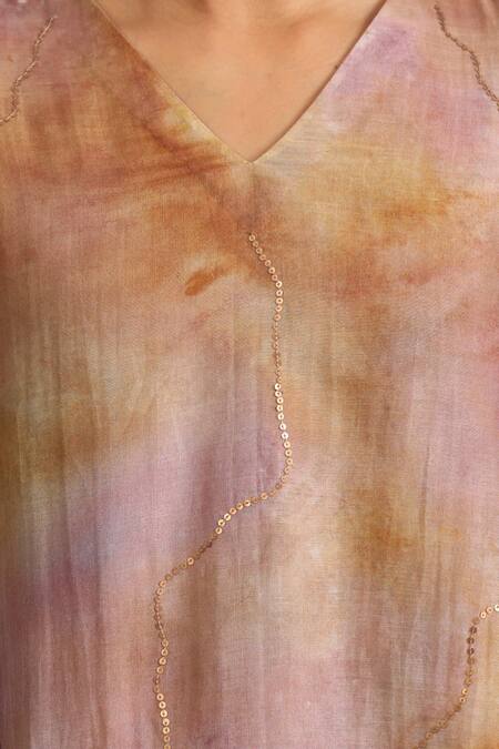 Trendy Tokari_Purple Silk, Chanderi Sequins, Embroidery V-neck Tie Dye Kurta Set With Pant _at_Aza_Fashions