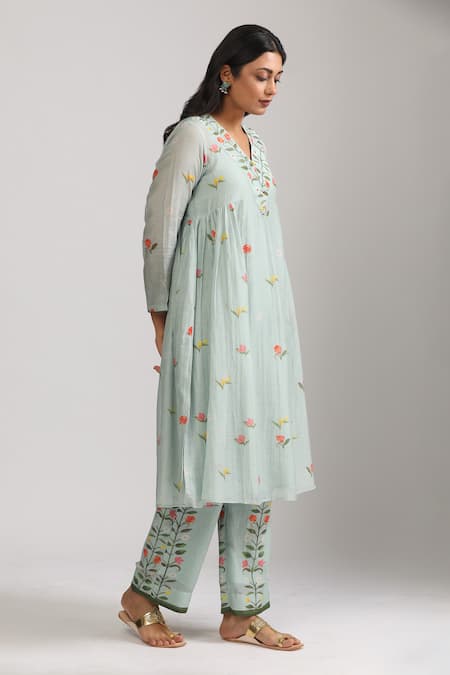 Trendy Tokari_Blue Silk, Chanderi Embroidery, Sequins V-neck Florence Print Kurta Set _Online_at_Aza_Fashions