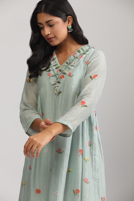 Shop_Trendy Tokari_Blue Silk, Chanderi Embroidery, Sequins V-neck Florence Print Kurta Set _Online_at_Aza_Fashions