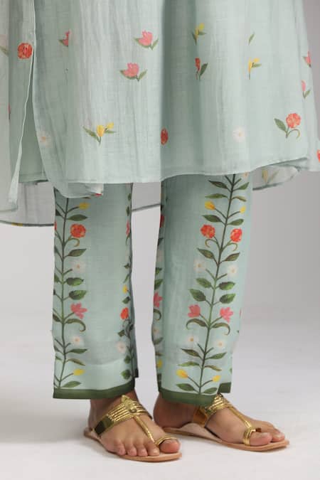 Trendy Tokari_Blue Silk, Chanderi Embroidery, Sequins V-neck Florence Print Kurta Set _at_Aza_Fashions