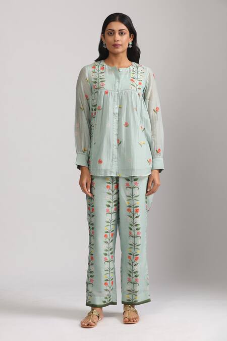 Trendy Tokari_Blue Silk, Chanderi Embroidery Round Neck Florette Print Top And Pant Set _Online_at_Aza_Fashions