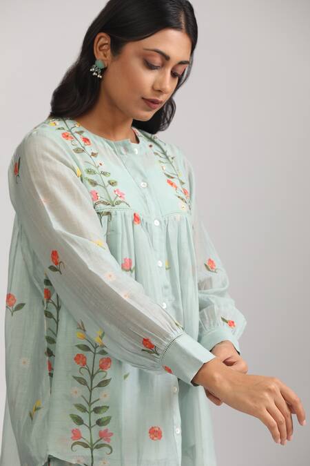 Buy_Trendy Tokari_Blue Silk, Chanderi Embroidery Round Neck Florette Print Top And Pant Set _Online_at_Aza_Fashions