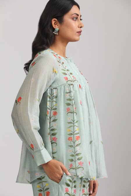 Shop_Trendy Tokari_Blue Silk, Chanderi Embroidery Round Neck Florette Print Top And Pant Set _Online_at_Aza_Fashions