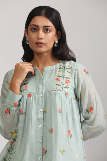 Trendy Tokari_Blue Silk, Chanderi Embroidery Round Neck Florette Print Top And Pant Set _at_Aza_Fashions