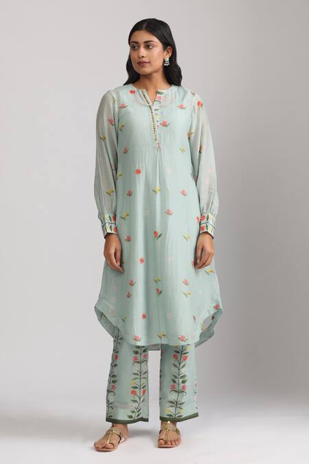 Trendy Tokari_Blue Silk, Chanderi Embroidery, Sequins Split V-neck Floral Printed Kurta Set _Online_at_Aza_Fashions
