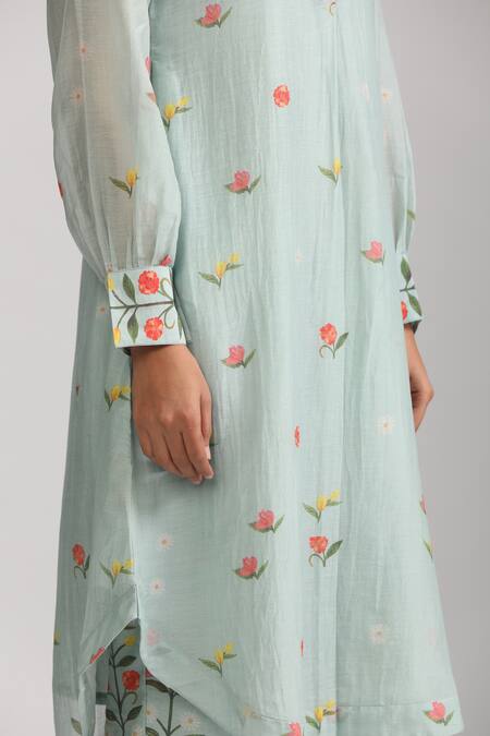 Shop_Trendy Tokari_Blue Silk, Chanderi Embroidery, Sequins Split V-neck Floral Printed Kurta Set _Online_at_Aza_Fashions