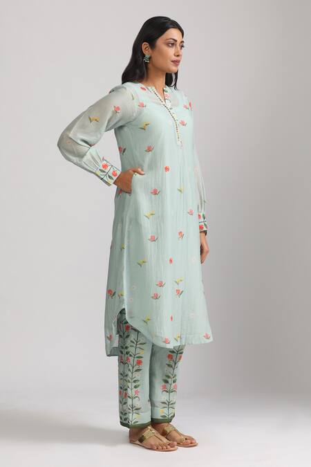 Trendy Tokari_Blue Silk, Chanderi Embroidery, Sequins Split V-neck Floral Printed Kurta Set _at_Aza_Fashions