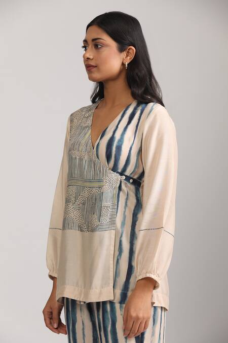 Trendy Tokari Beige Cotton, Silk V-neck Geometric Printed Wrap Top And Pant Set Online at Aza Fashions Trendy Tokari_Beige Cotton, Silk V-neck Geometric Printed Wrap Top And Pant Set _Online_at_Aza_Fashions