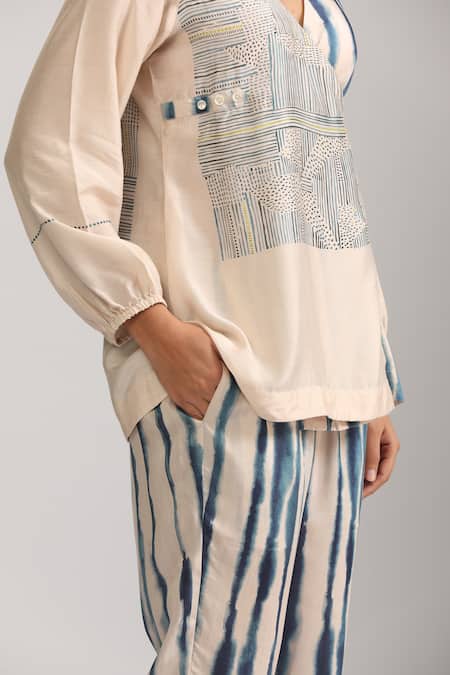 Buy Trendy Tokari Beige Cotton, Silk V-neck Geometric Printed Wrap Top And Pant Set Online at Aza Fashions Buy_Trendy Tokari_Beige Cotton, Silk V-neck Geometric Printed Wrap Top And Pant Set _Online_at_Aza_Fashions