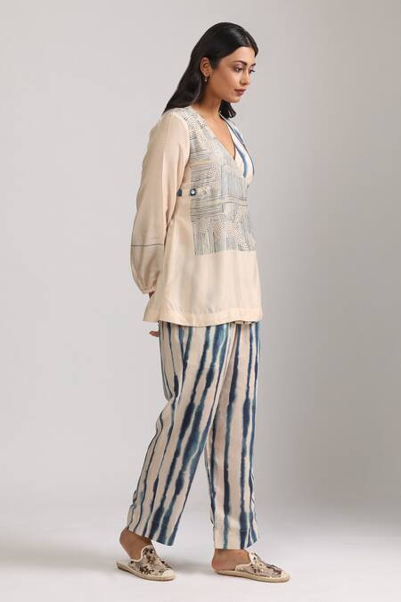 Shop Trendy Tokari Beige Cotton, Silk V-neck Geometric Printed Wrap Top And Pant Set Online at Aza Fashions Shop_Trendy Tokari_Beige Cotton, Silk V-neck Geometric Printed Wrap Top And Pant Set _Online_at_Aza_Fashions