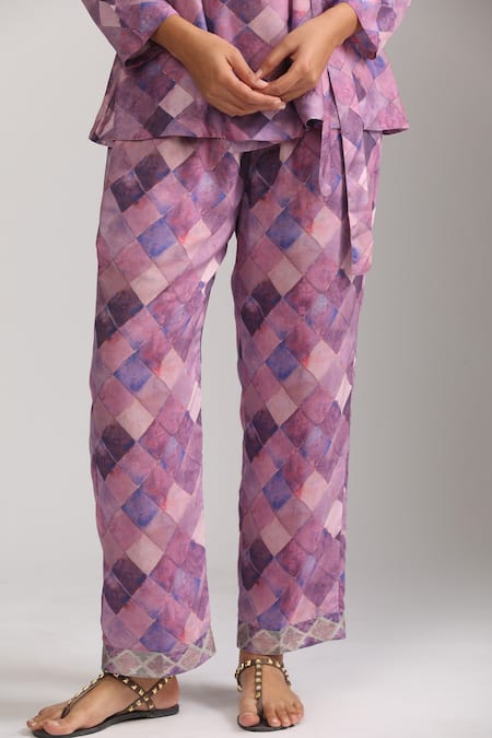 Trendy Tokari_Purple Cotton, Silk V-neck Checkered Wrap Top And Pant Set _Online_at_Aza_Fashions