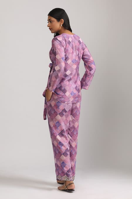 Shop_Trendy Tokari_Purple Cotton, Silk V-neck Checkered Wrap Top And Pant Set _at_Aza_Fashions