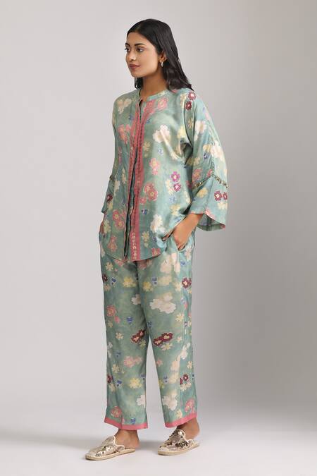 Trendy Tokari_Green Cotton, Silk Embroidery, Sequins Mandarin Collar Floral Top And Pant Set _Online_at_Aza_Fashions