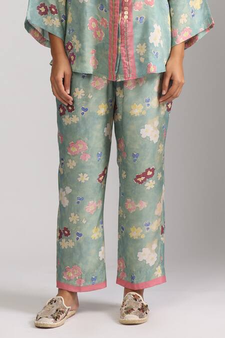 Buy_Trendy Tokari_Green Cotton, Silk Embroidery, Sequins Mandarin Collar Floral Top And Pant Set _Online_at_Aza_Fashions