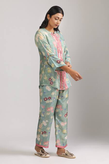 Shop_Trendy Tokari_Green Cotton, Silk Embroidery, Sequins Mandarin Collar Floral Top And Pant Set _Online_at_Aza_Fashions