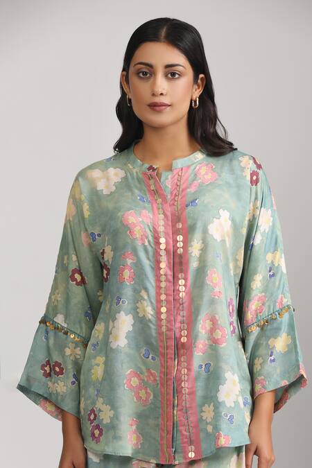 Trendy Tokari_Green Cotton, Silk Embroidery, Sequins Mandarin Collar Floral Top And Pant Set _at_Aza_Fashions