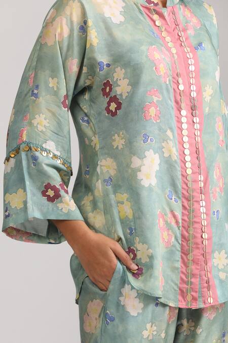 Buy_Trendy Tokari_Green Cotton, Silk Embroidery, Sequins Mandarin Collar Floral Top And Pant Set 