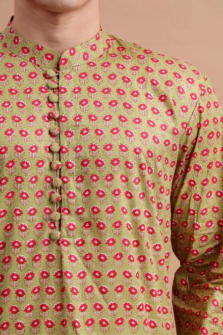 THE COTTON STAPLE_Green Cotton Floral Printed Kurta Set _at_Aza_Fashions