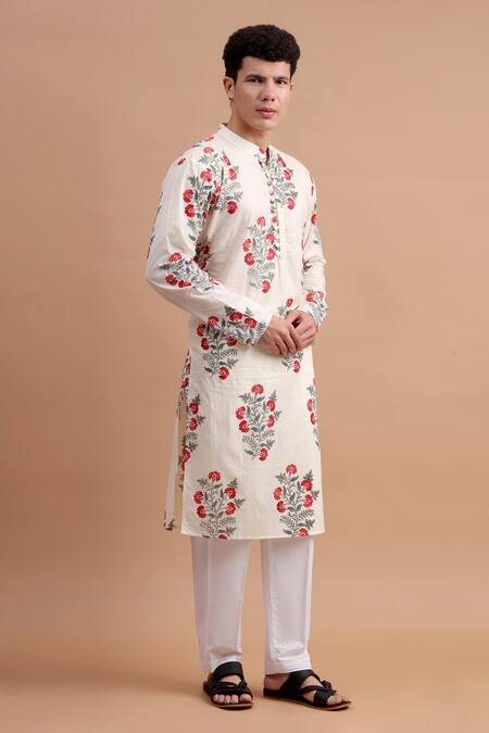THE COTTON STAPLE_Cream Cotton Embroidery Floral Bloom Print Kurta Set _Online_at_Aza_Fashions