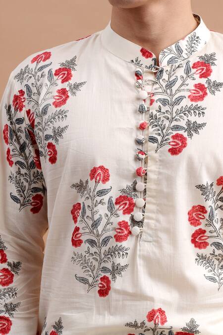 Shop_THE COTTON STAPLE_Cream Cotton Embroidery Floral Bloom Print Kurta Set _Online_at_Aza_Fashions