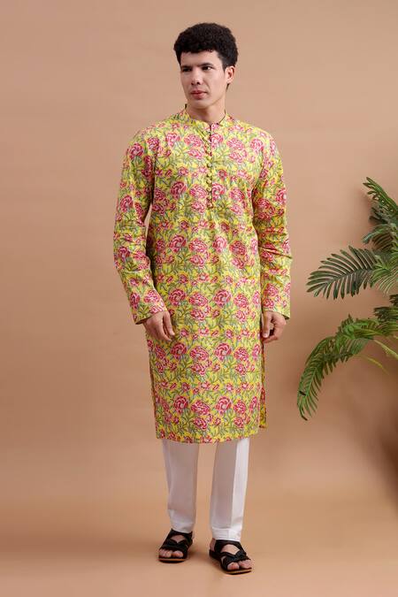 Buy_THE COTTON STAPLE_Yellow Cotton Blossom Print Kurta Set _Online_at_Aza_Fashions