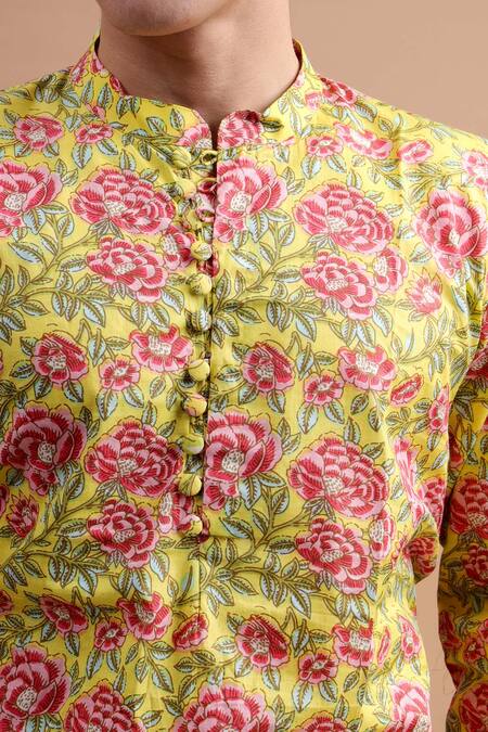 Shop_THE COTTON STAPLE_Yellow Cotton Blossom Print Kurta Set _Online_at_Aza_Fashions