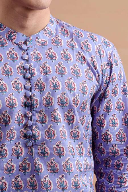 Buy_The Cotton Staple_Purple Cotton Floral Print Kurta Set _Online_at_Aza_Fashions