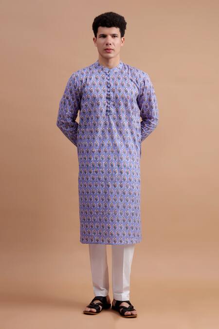 Shop_The Cotton Staple_Purple Cotton Floral Print Kurta Set _Online_at_Aza_Fashions