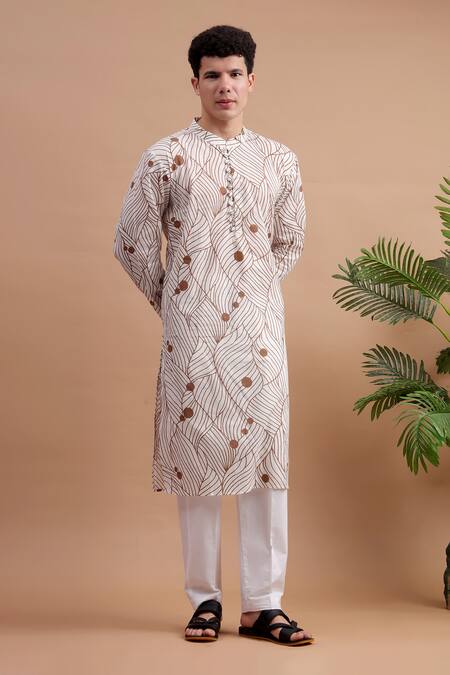 Shop_The Cotton Staple_Brown Cotton Abstract Floral Printed Kurta Set _Online_at_Aza_Fashions