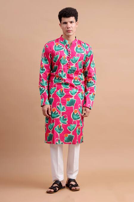 Shop_The Cotton Staple_Pink Cotton Abstract Floral Kurta Set _Online_at_Aza_Fashions