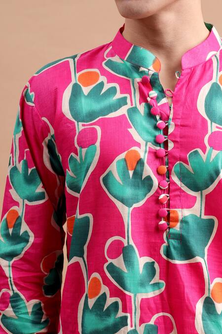 The Cotton Staple_Pink Cotton Abstract Floral Kurta Set _at_Aza_Fashions