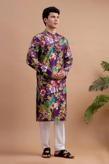 Shop_The Cotton Staple_Purple Cotton Botanical Printed Kurta Set _Online_at_Aza_Fashions