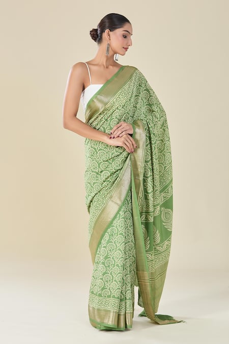 Naintara Bajaj_Green Viscose Floral Handblock Print Saree _Online_at_Aza_Fashions