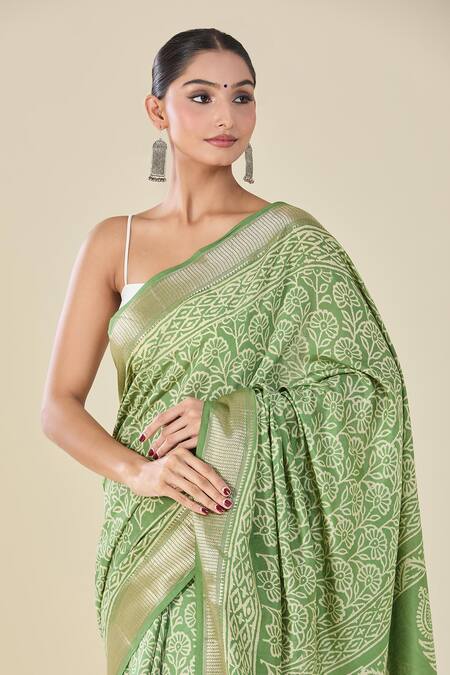 Shop_Naintara Bajaj_Green Viscose Floral Handblock Print Saree _Online_at_Aza_Fashions
