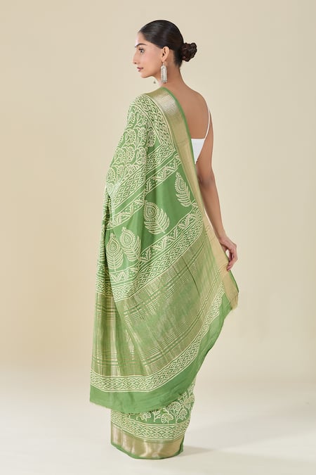 Naintara Bajaj Floral Handblock Print Green Saree 