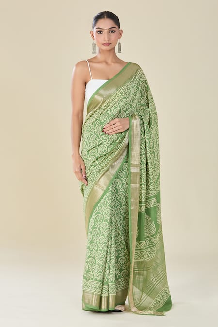 Samyukta Singhania Floral Handblock Print Green Saree 