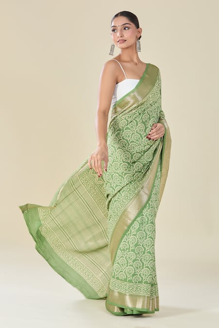 Naintara Bajaj_Green Viscose Floral Handblock Print Saree _at_Aza_Fashions
